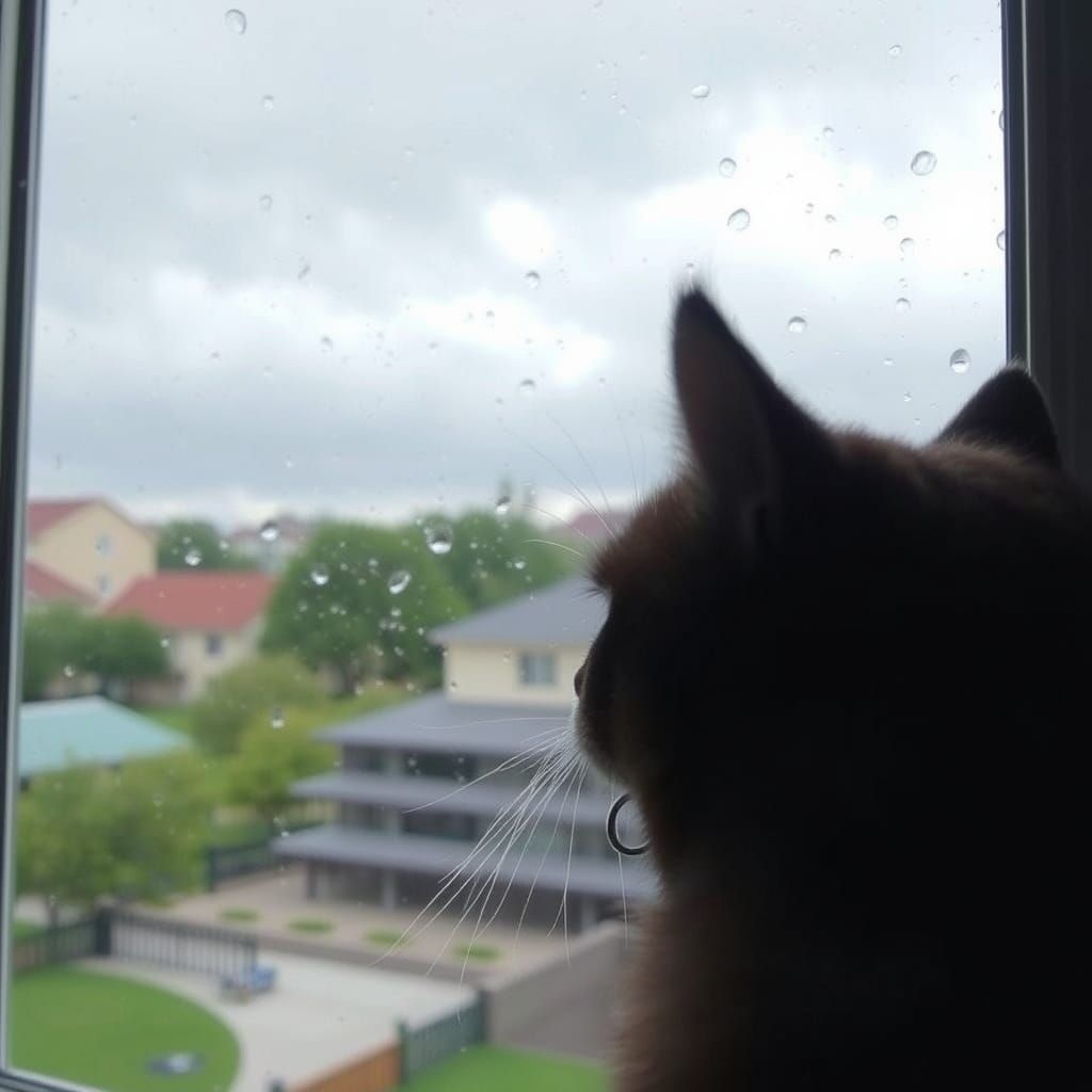 In the morning,  the cat watch outside the window, the rainy sky