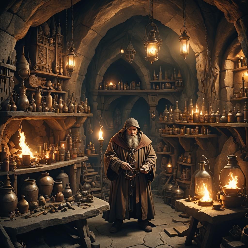 Medieval alchemist in his laboratory hid in a cave with torches for lighting.  by @Wildlife51