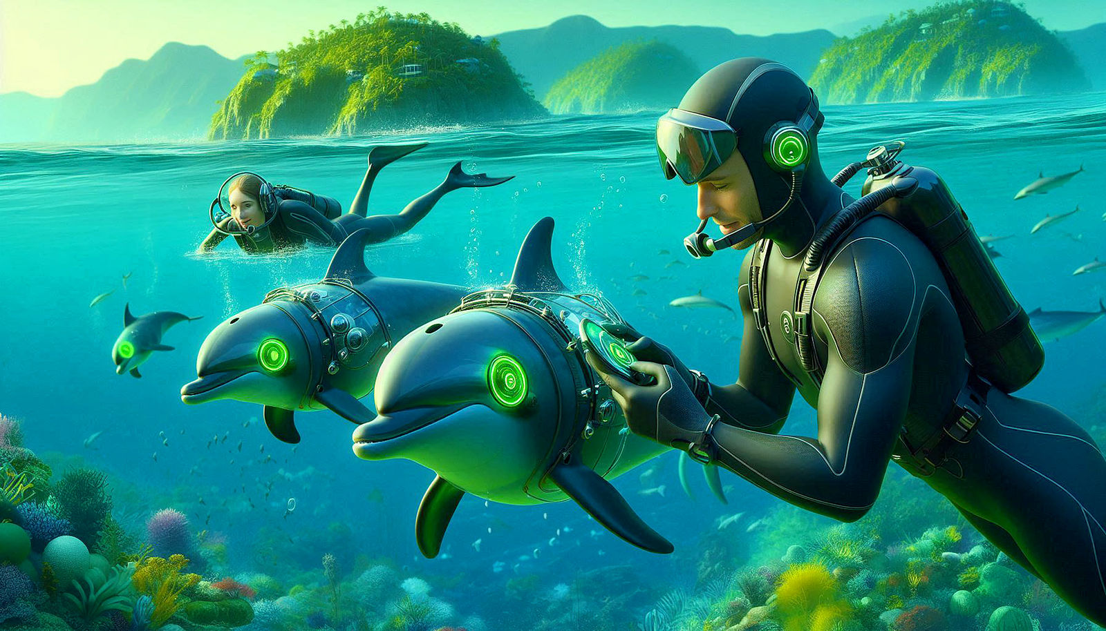 Neodolphins scouting planet Kithrup in Startide Rising by David Brin