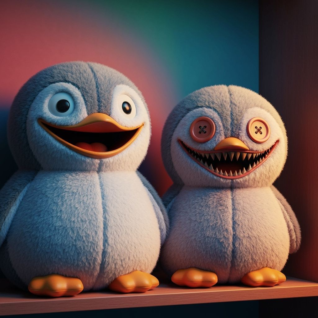 A row of plush penguins on a shelf, all with identical smiles except for one with a jagged, unsettling grin and glowing button eyes.