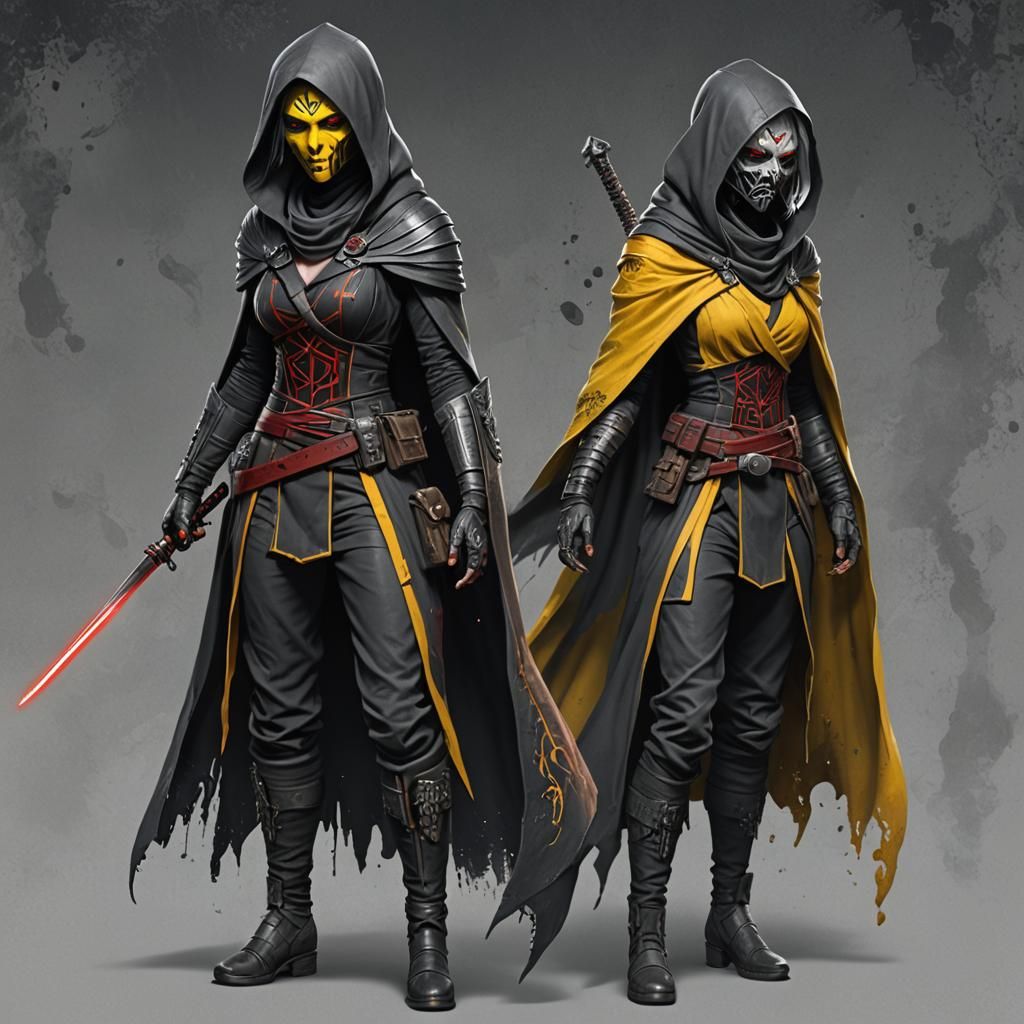 Full body, young female sith pure blood with red skin, white dathomir witch tattoos, grey hair, yellow eyes, black hands, wearing dark grey...