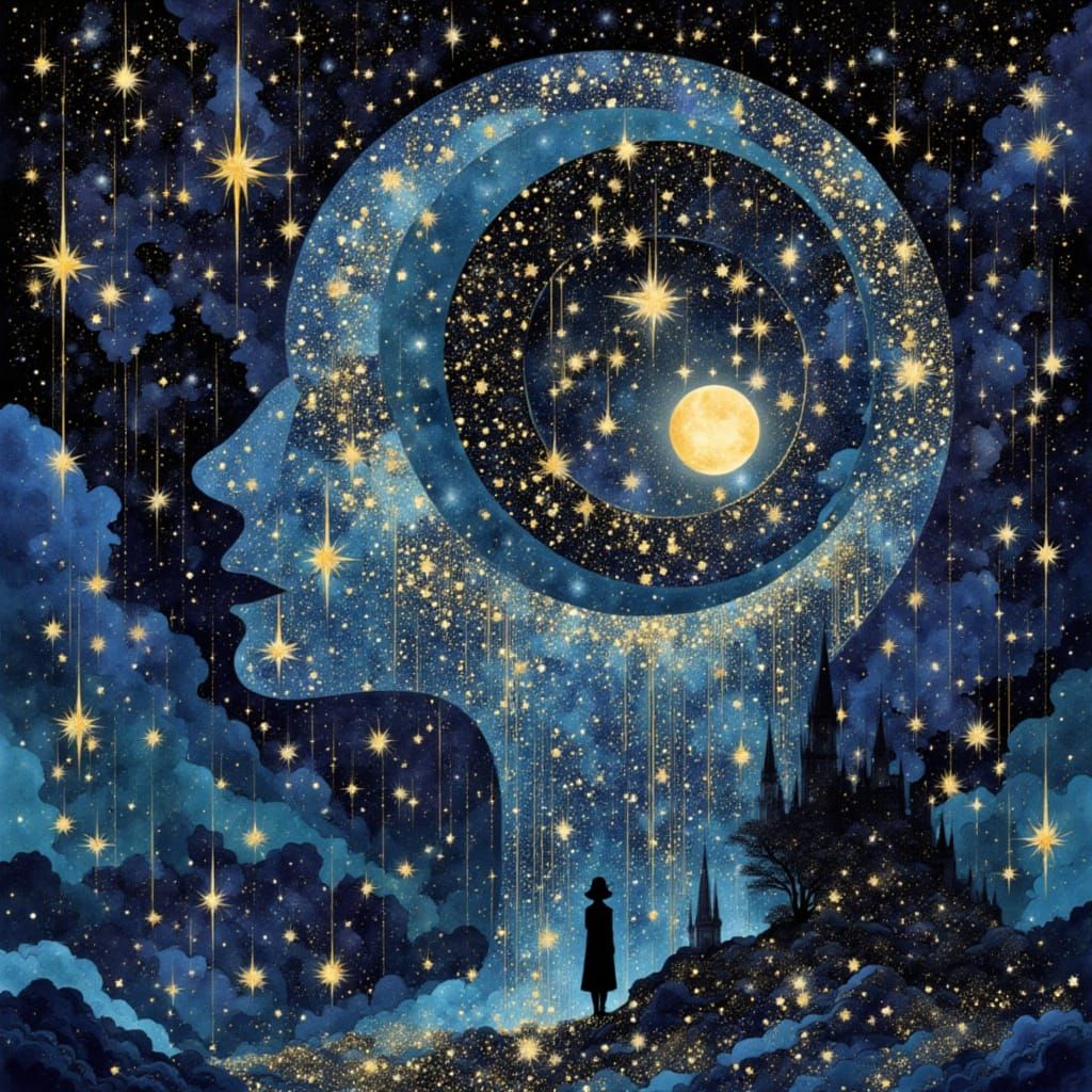 <lora:Melancholia:1.0><lora:Star-Pocket:1.0> "glowing mind falls, universe of my mind, made of stars on a starry night" double exposure coll...