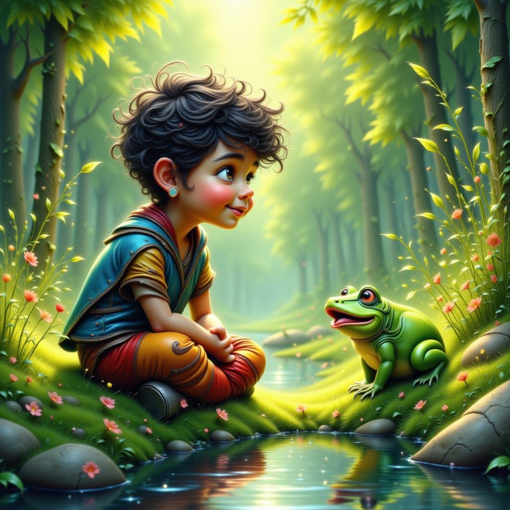 Epic coloured <lora:Fun-toon:1.0> a highly detailied toon figure sitting on the grass and talking with a green frog, a river, trees, Hyper r...