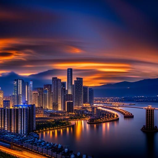 Surreal City Night View with Cross-Sea Bridge