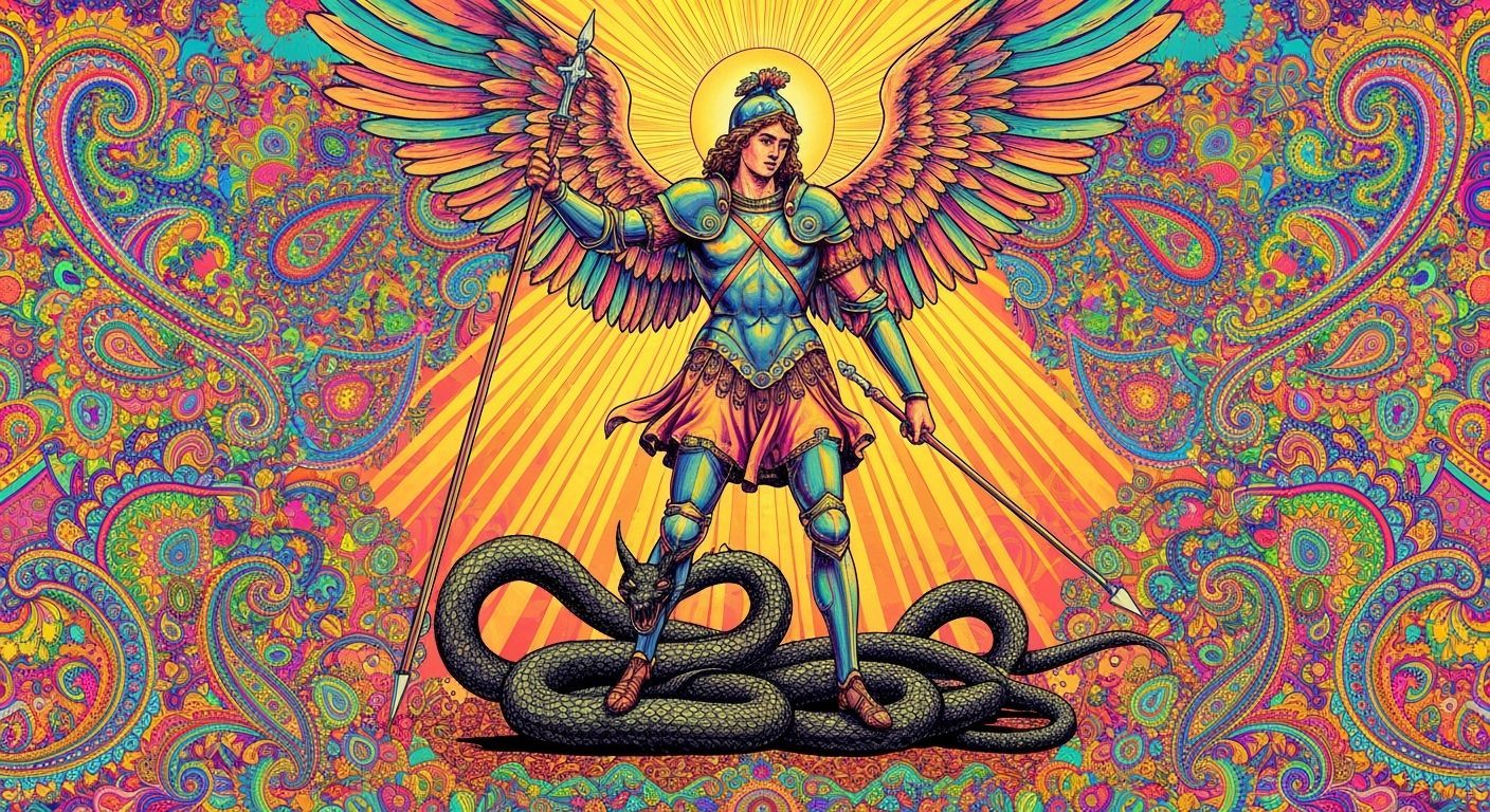 Archangel Michael defeats Satan. Psychedelic 60s art poster, psychedelic font, Horror vacui, Victorian, Art nouveau, Phosphenes, vibrating c...