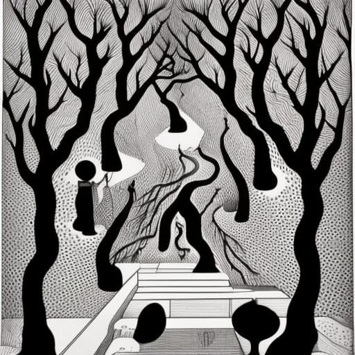 An amazing black and white ink drawing of the internal strug...