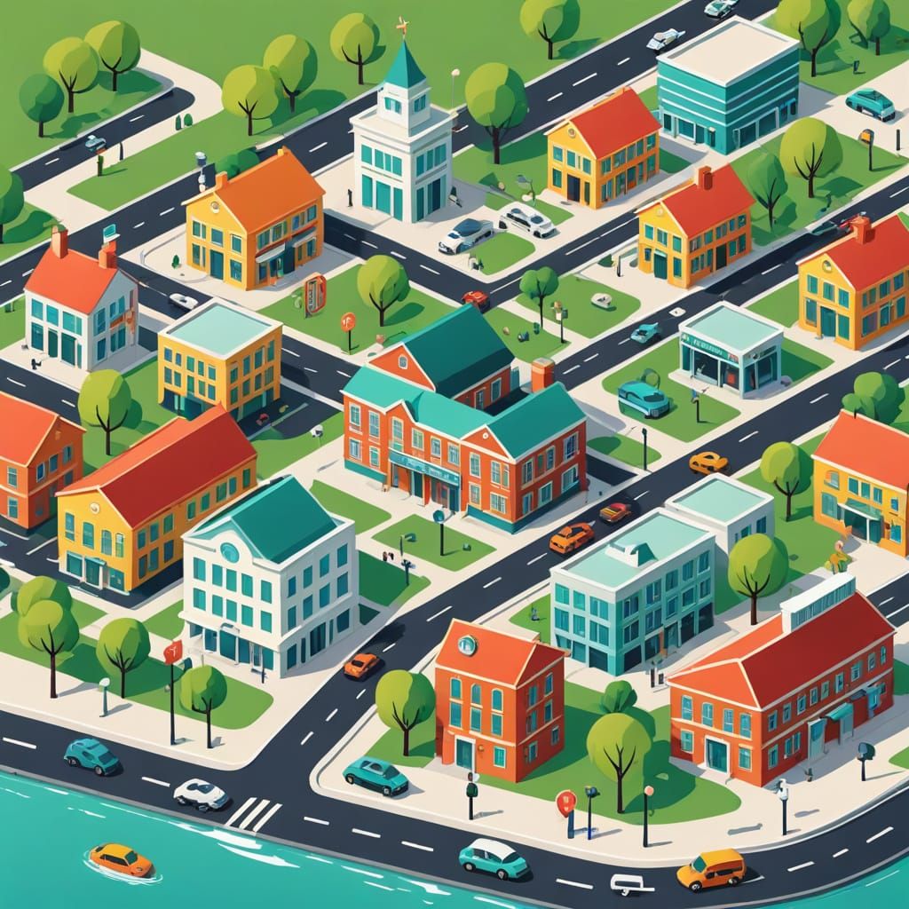  A simple colorful city map for English learners (A1–A2 level).
The map should include:

a park, cinema, hospital, hotel, library, museum, t...