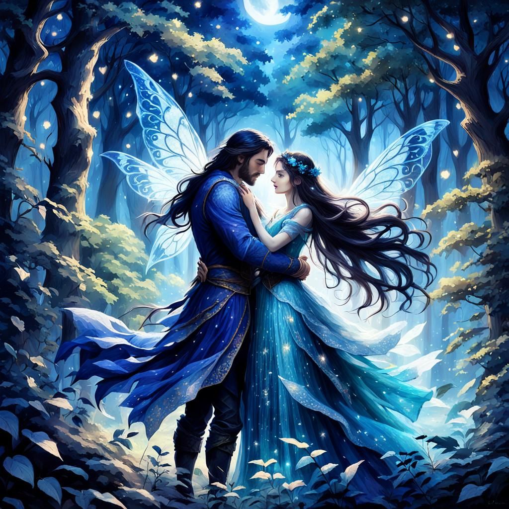 Moonlit Embrace: Fairy in Forest, Fantasy Art