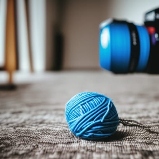 A large ball of blue yarn strung across the floor