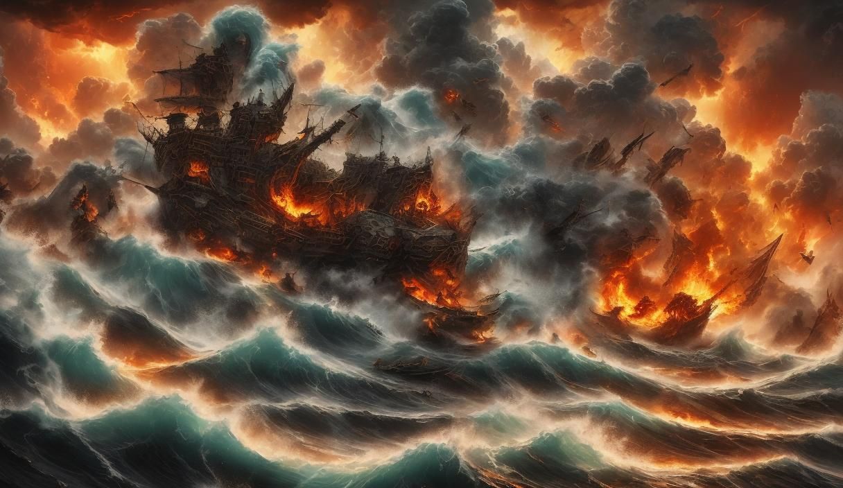 <lora:LostInside:1.0> Heavy waves with pirate ship on fire, tentacles coming from the sky seeming wanting to grab the boat in the far distan...