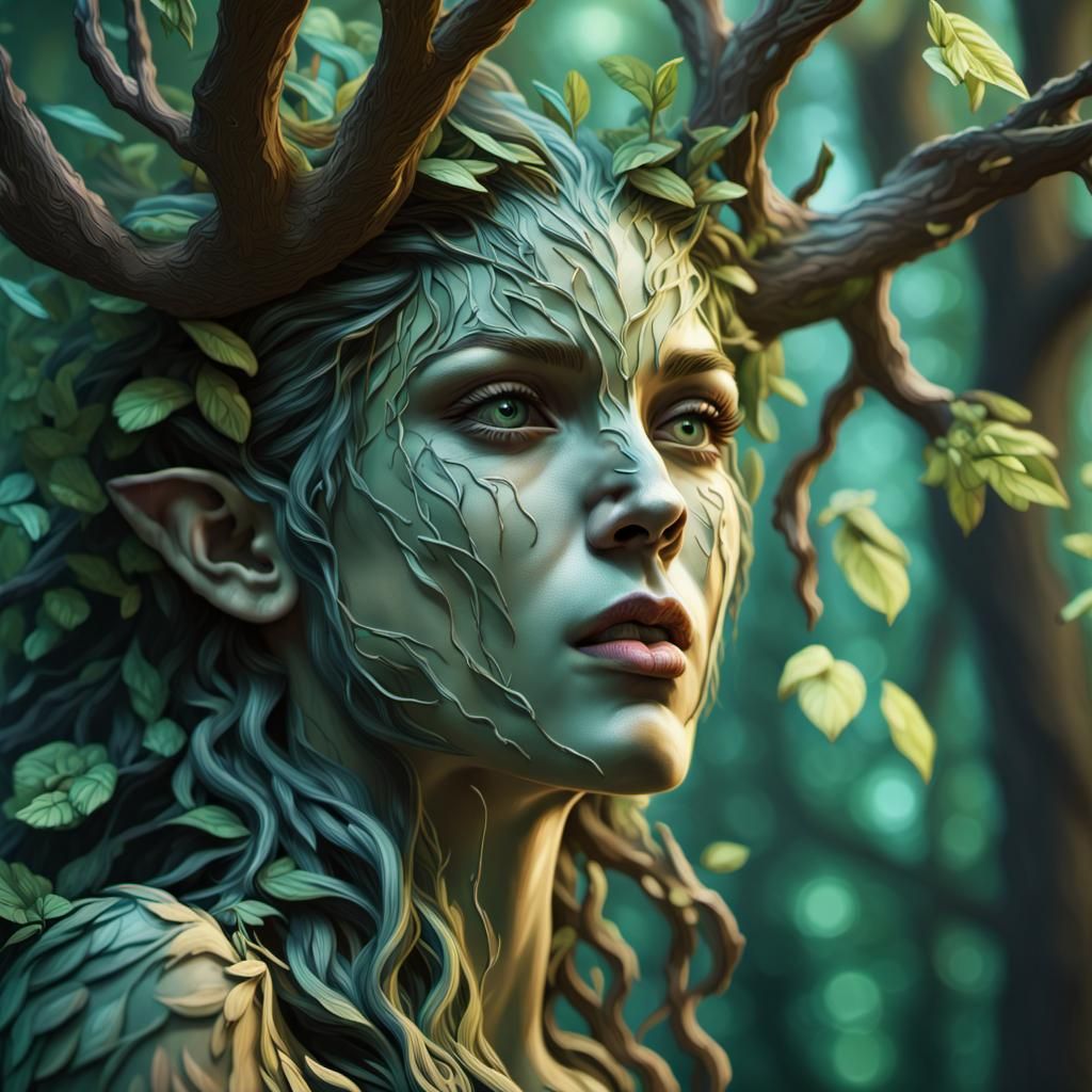 An ((Isometric view)) of a Forest Dryad, intricate details, ...