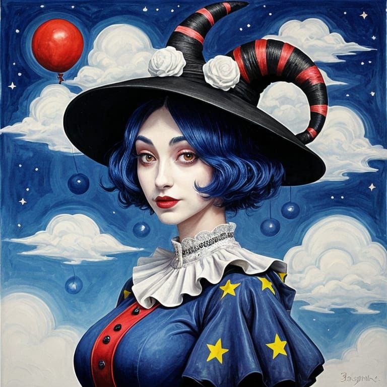 Goth Moon clown  clouds jester hat gouache European ink print 