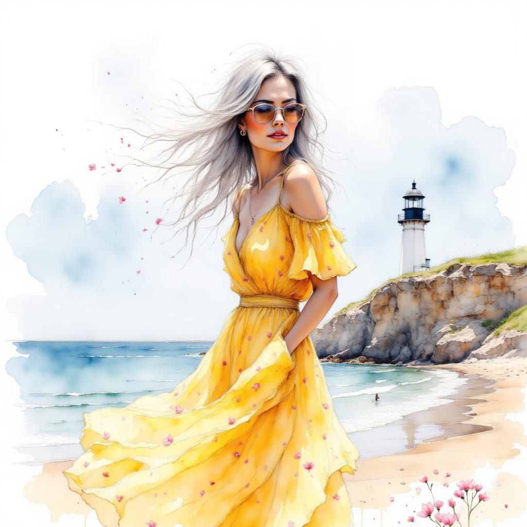 <lora:Watercolor Wash Fade:1.0> Left align minimalist Watercolor wash of a mature woman with long gray hair wearing a yellow billowing chiff...