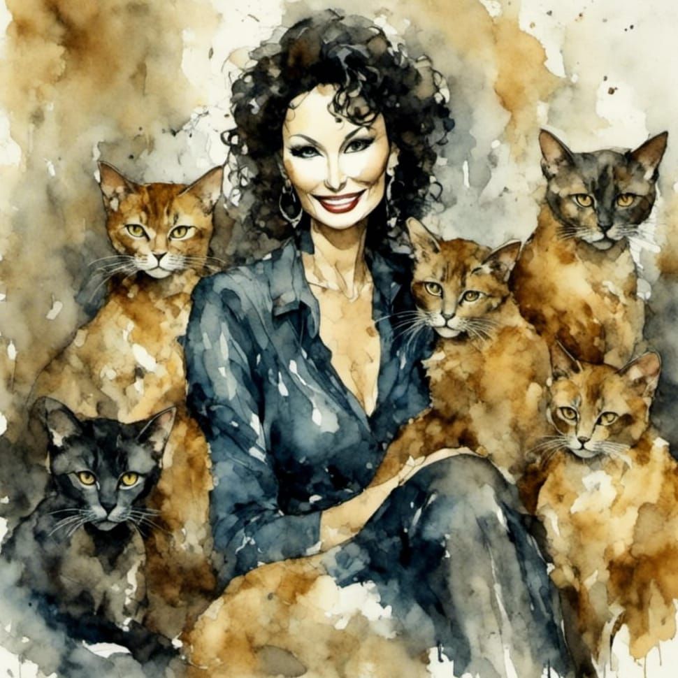 Contemporary Burmese Woman with Kittens: Watercolor Portrait