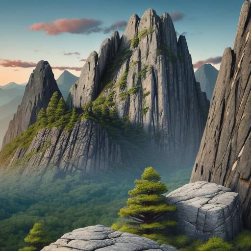 rocky outcrops in mountainous scenery resembling rough face, anthropomorphic rocks
