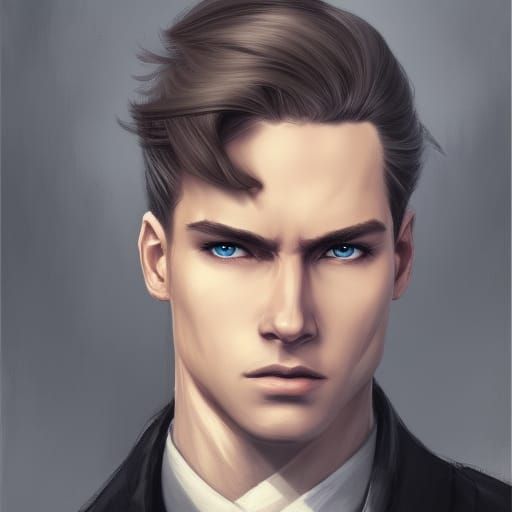 handsome young man, dark hair, elegant hairstyle, blue eyes, wearing a ...