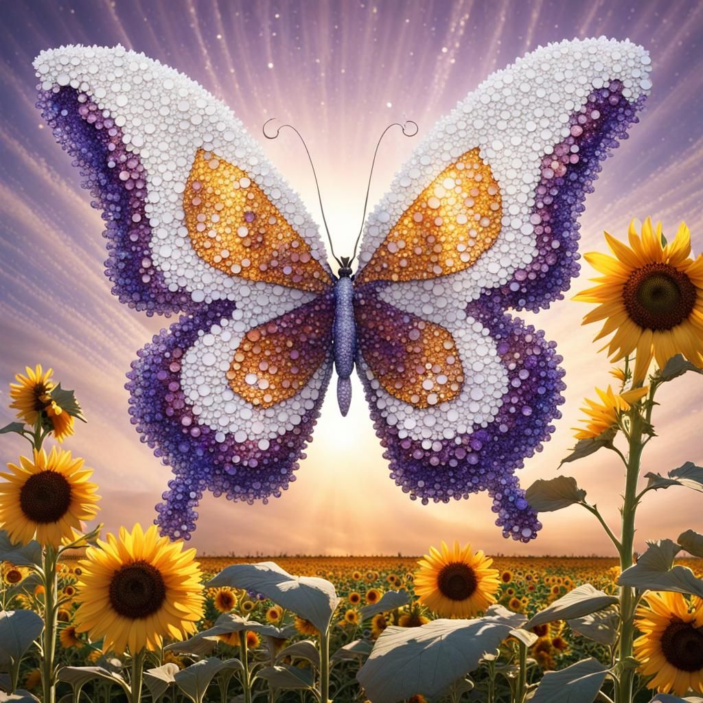 A large butterfly made out of tiny white crystals that shimm...
