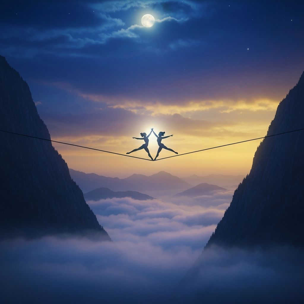 A surreal, dreamlike scene where two shadowy figures dance gracefully on a tight string stretched between two towering mountains at twilight...