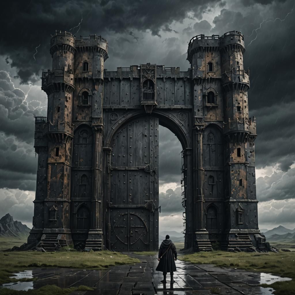A lone wanderer stands at massive iron castle doors. The sky is stormy, with winds blowing fiercely around him. The scene feels dark and for...