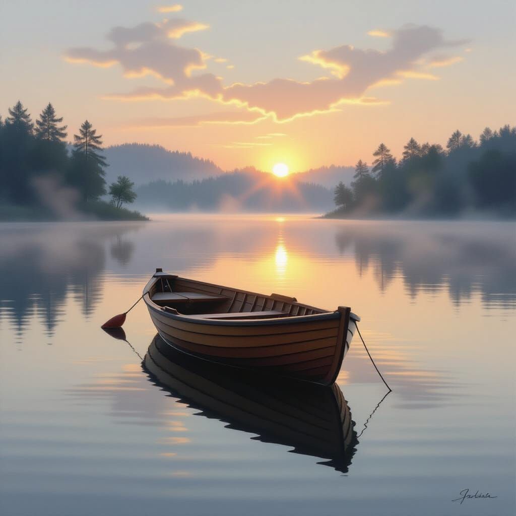 Serene Dawn Rowboat on Shimmering Lake