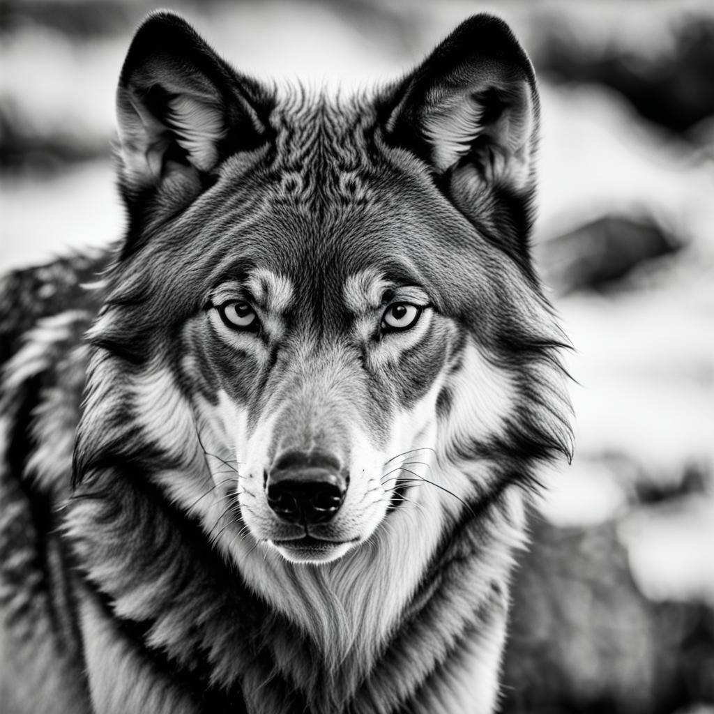 a black and white photograph showcasing a wolf as the main s...