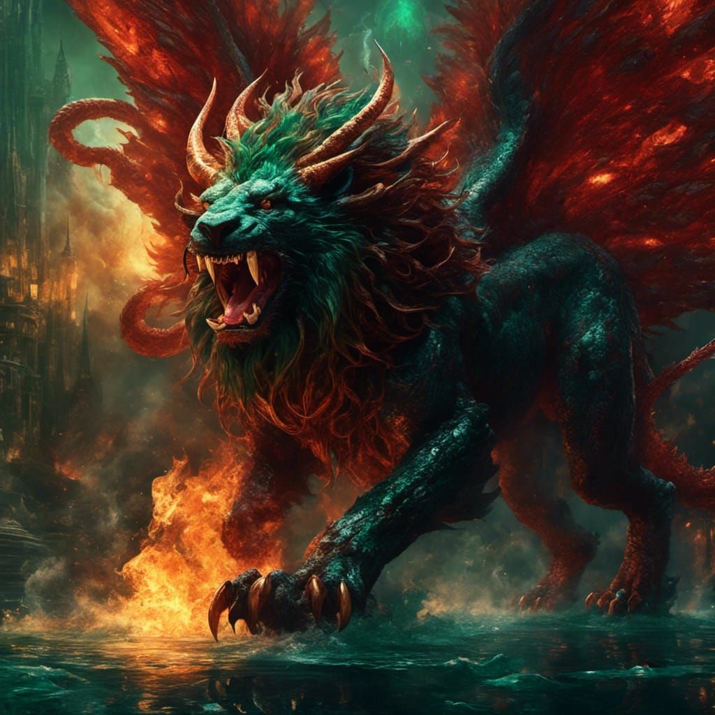 A Manticore but made out of emerald , rising from a mystical fire  lake, high detail <lora:Alien Complex:1.0>