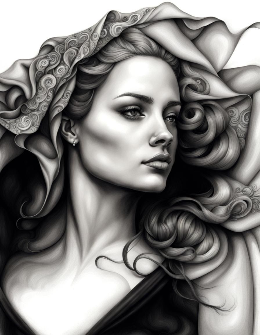 Drapery art with charcoal and graphite drawing of a female ornate portrait zentangle full screen