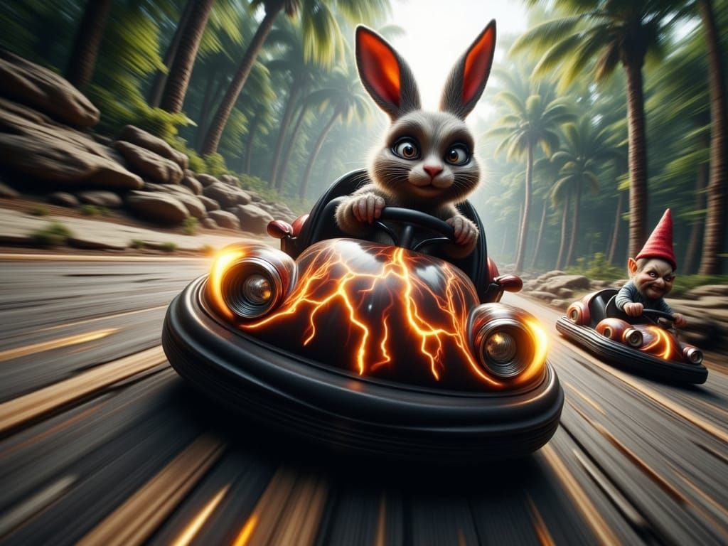 A lightning-patterned bumpercar racing towards the viewer at high speed. A caricatured terrified rabbit sits in the cockpit, gripping the wh...