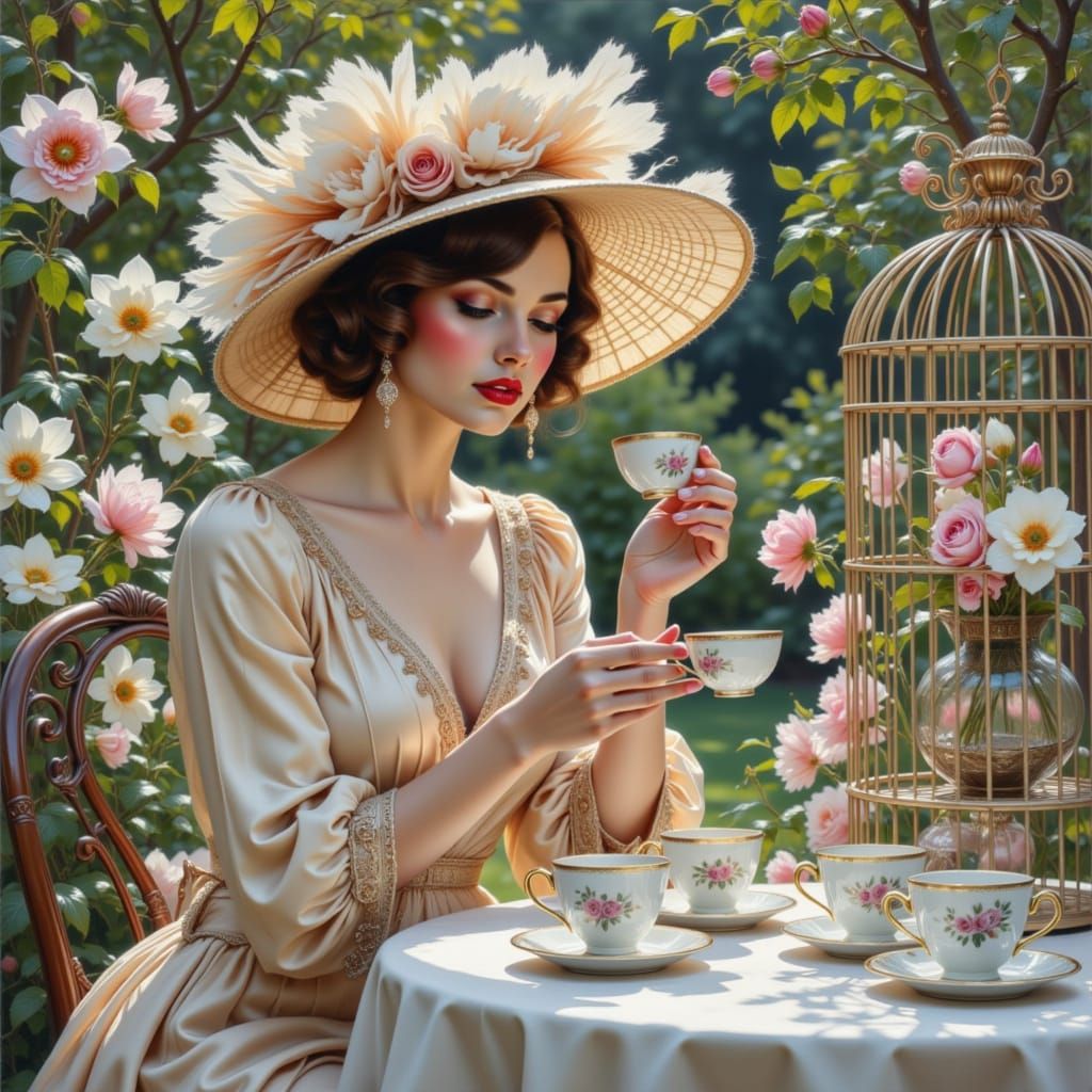 Elegant Woman in Garden with Exotic Bird Cage