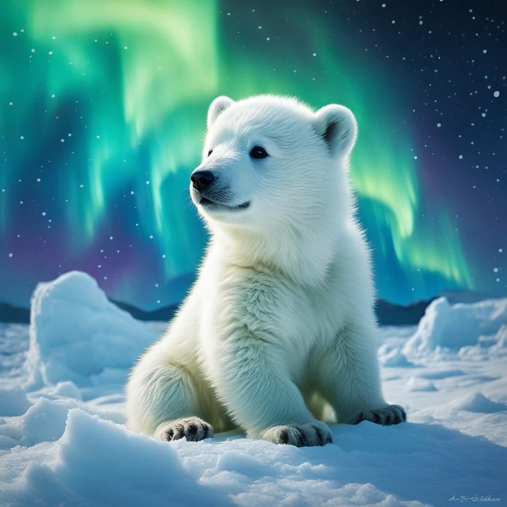 Polar bear cub with Aurora Borealis