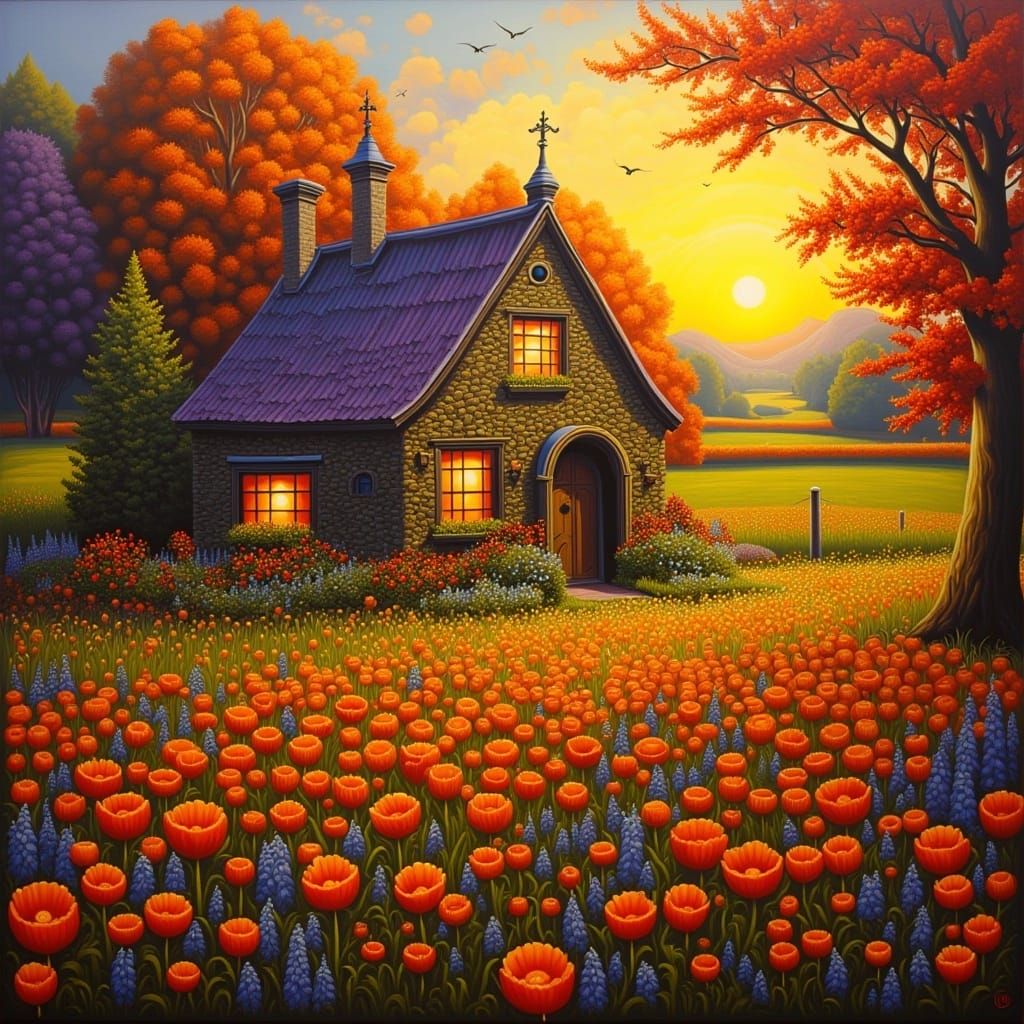 Rembrandt oil red and purple <lora:Funky Seventies:1.0> close up of house and meadow 