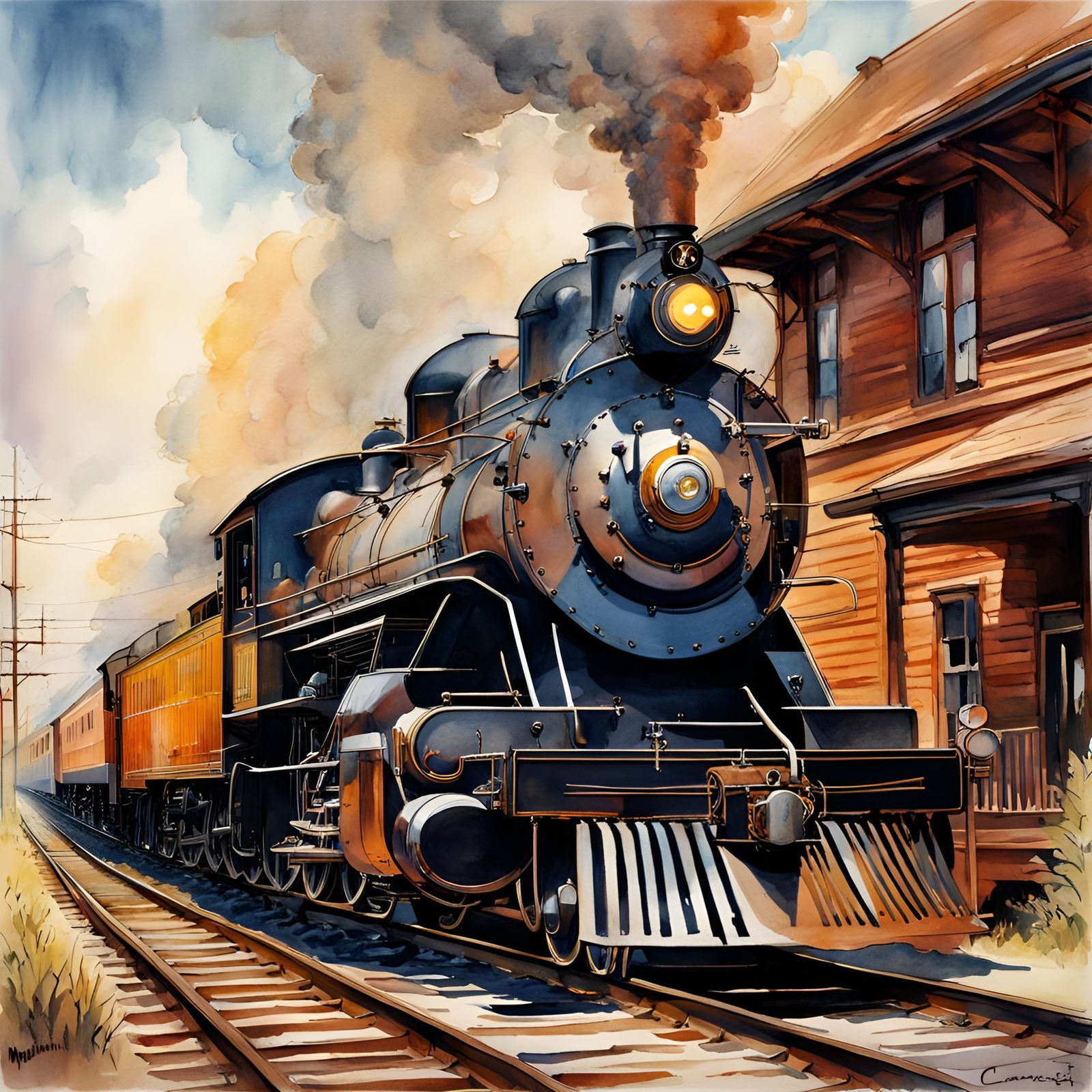 Milwaukee road locomotive pulling into the station