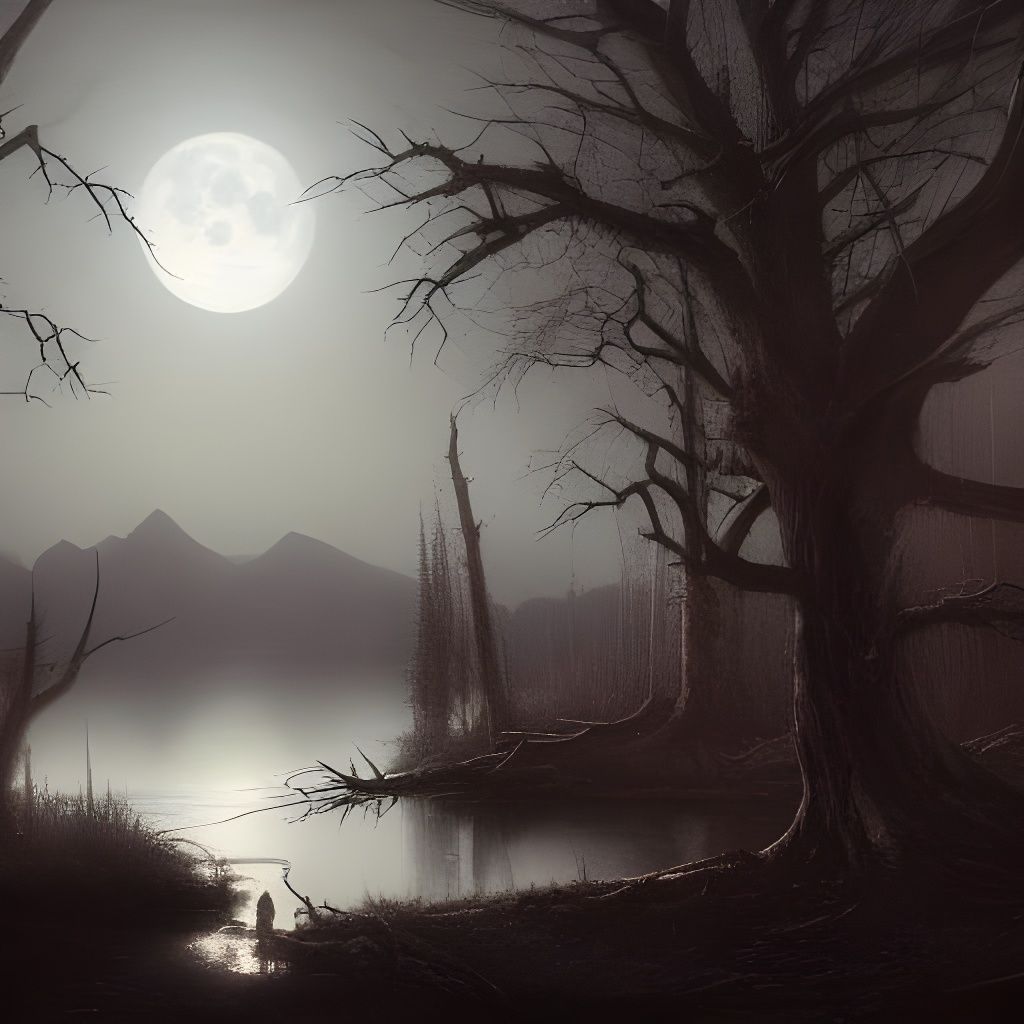 Moonlight reflecting off a mountain lake, dead trees, eerie, soft lighting, detailed oil painting, dark ... undefined