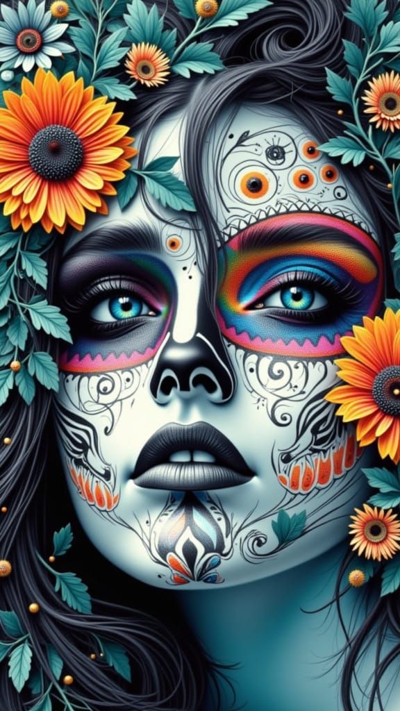 <lora:ChromaDraw:1.0> Medium shot of a beautiful woman wearing colorful Día de los Muertos face paint.