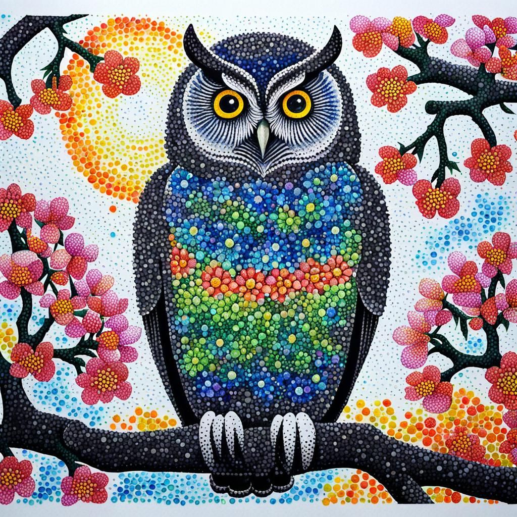 "(pointillism,chinese ink:1.5),owl sitting on a tree branch,...