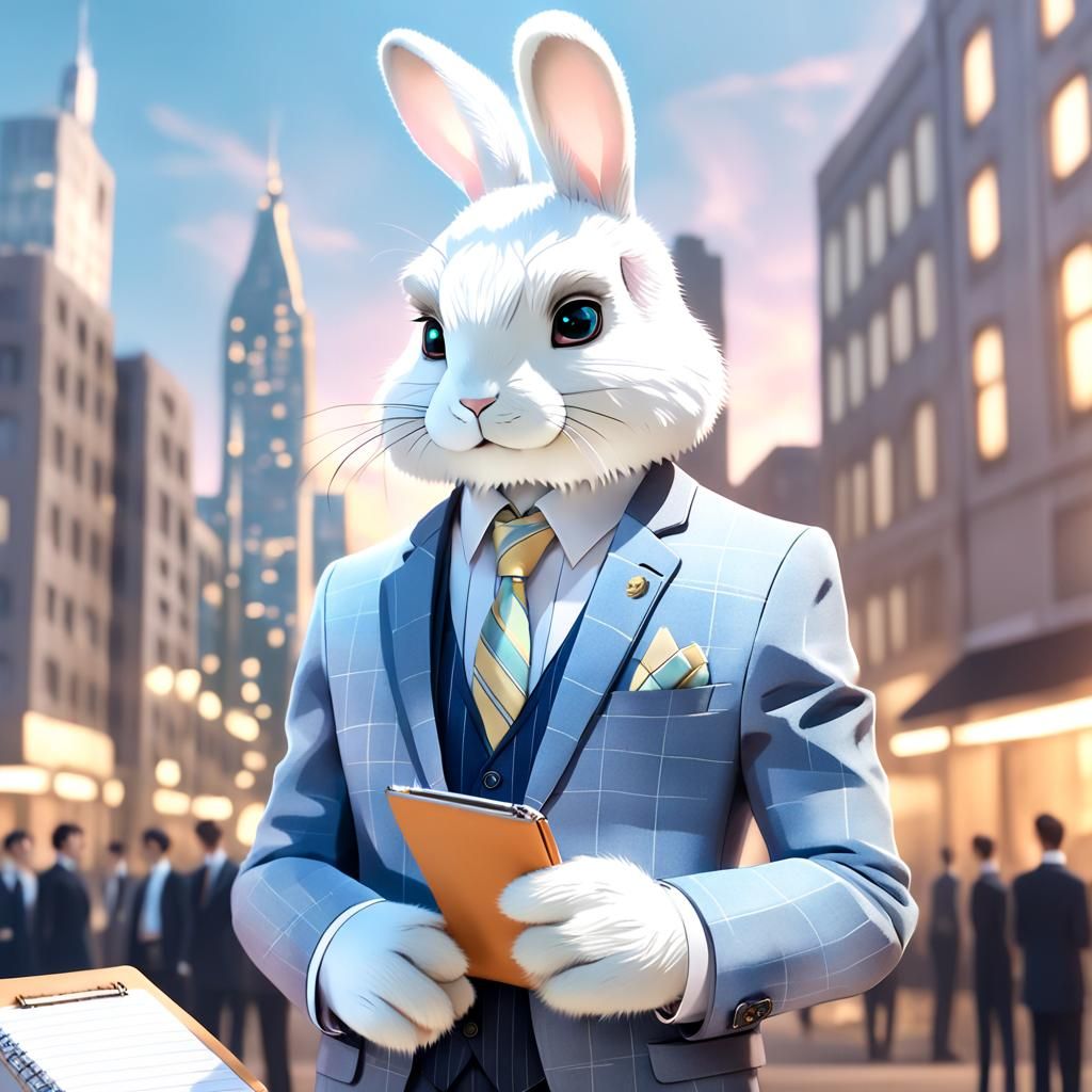 A white slim and tall furry rabbit in formal business suit standing with notepad