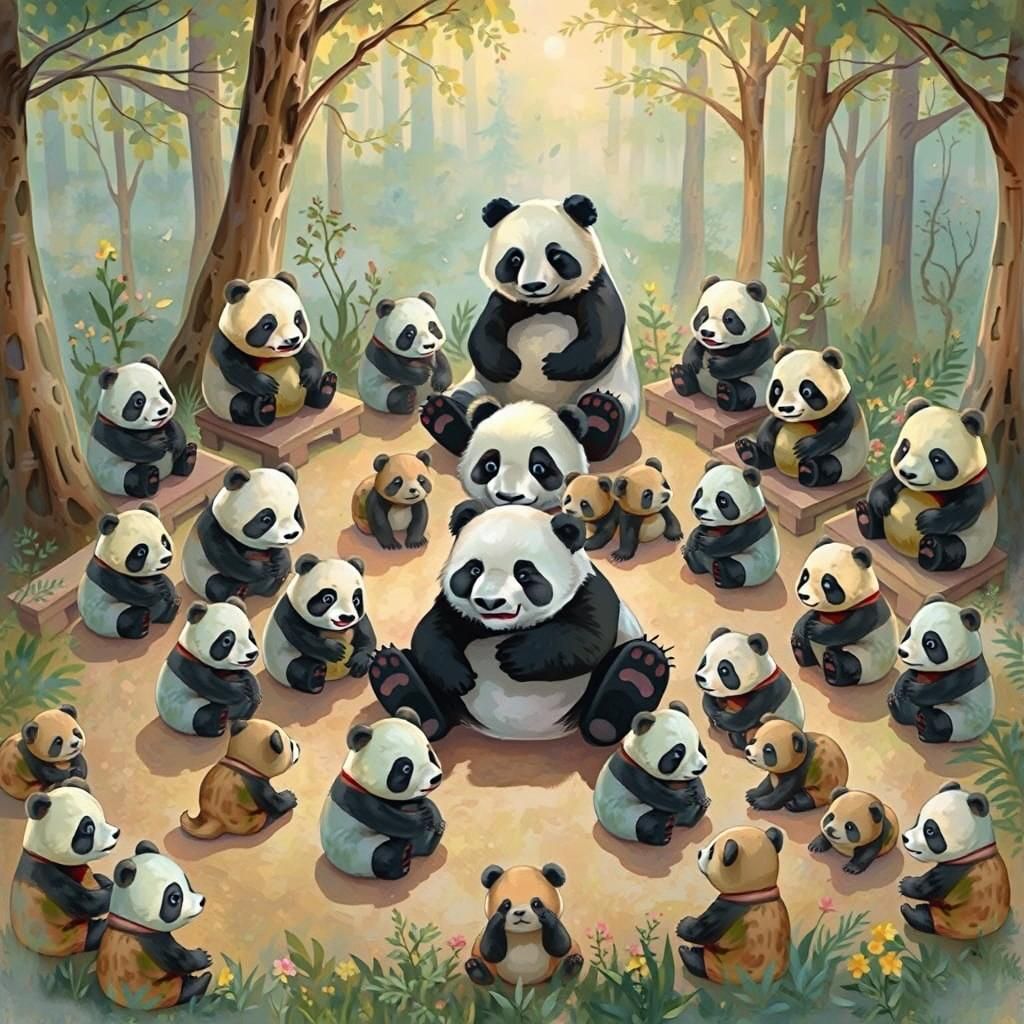 Pandas Learning About Emotions in Dreamy Garden