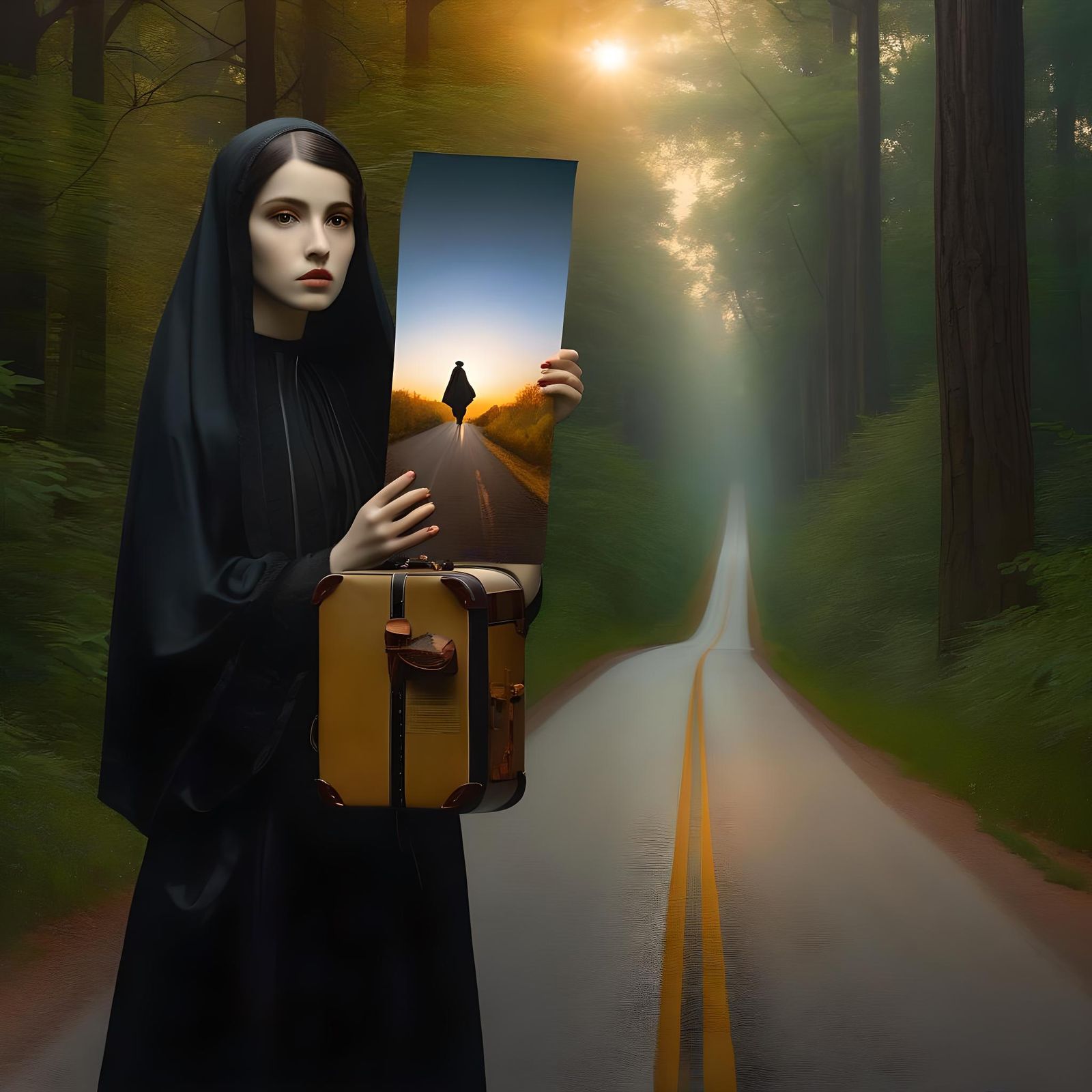 Open Road Sunrise: Gothcore Collage in Bouguereau Style