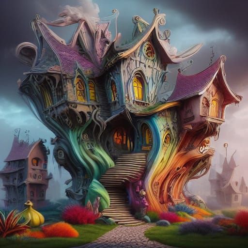 Dreamlike Furry Creature in Luminous Gemstone House