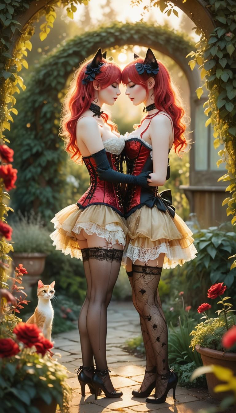 Two anthropomorphic cat girls in short red silk corset, micr...