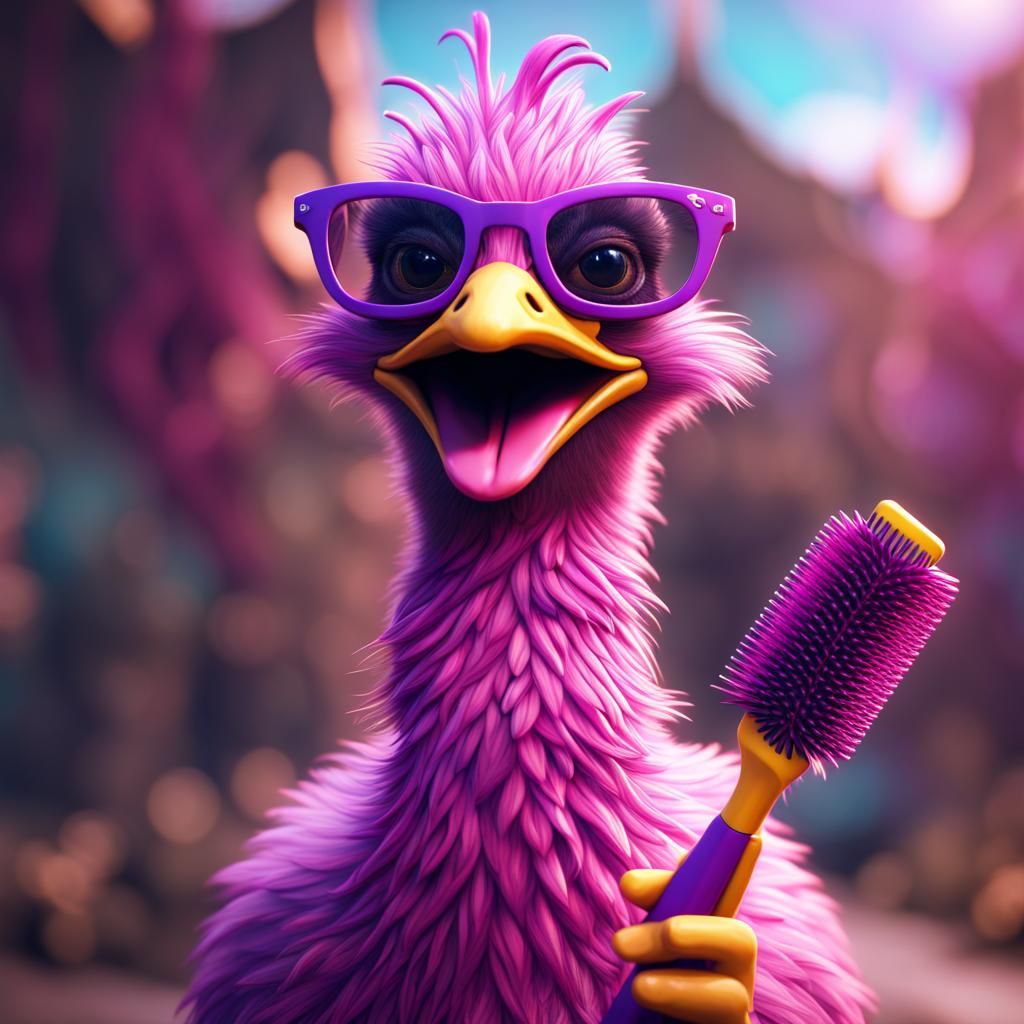 emu wearing pink sunglasses holding a purple hairbrush