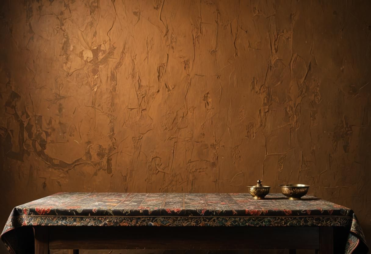 an empty oriental Tibetan table with a patterned tablecloth close to the camera stands against a dark wall, background 
Tibetan aesthetics b...