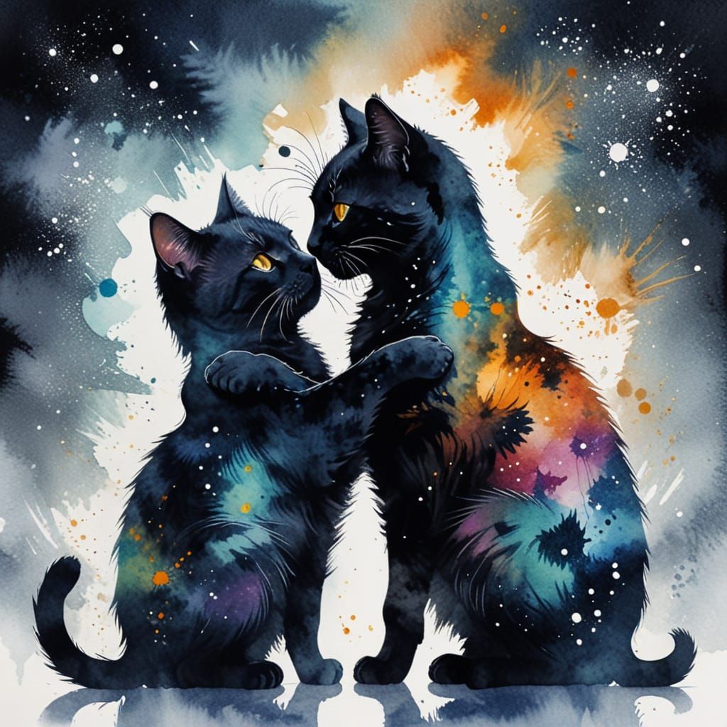 Double Exposure Silhouette, cat cosmic hug impressionism dots masterpiece watercolours  by @undefined