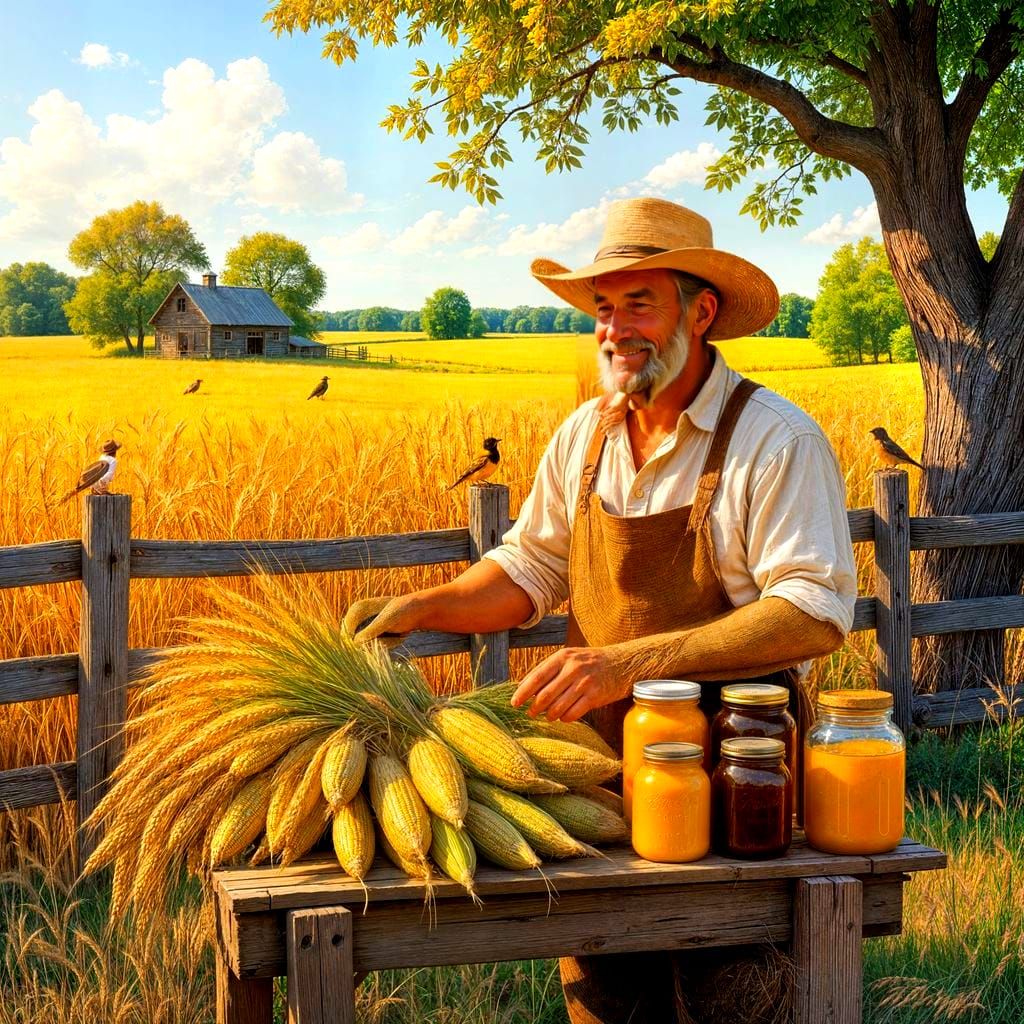 The end of summer time with: wheat,  corn,  growing in the fields  song birds on the fences and the few old oaks.  A open air country stand ...