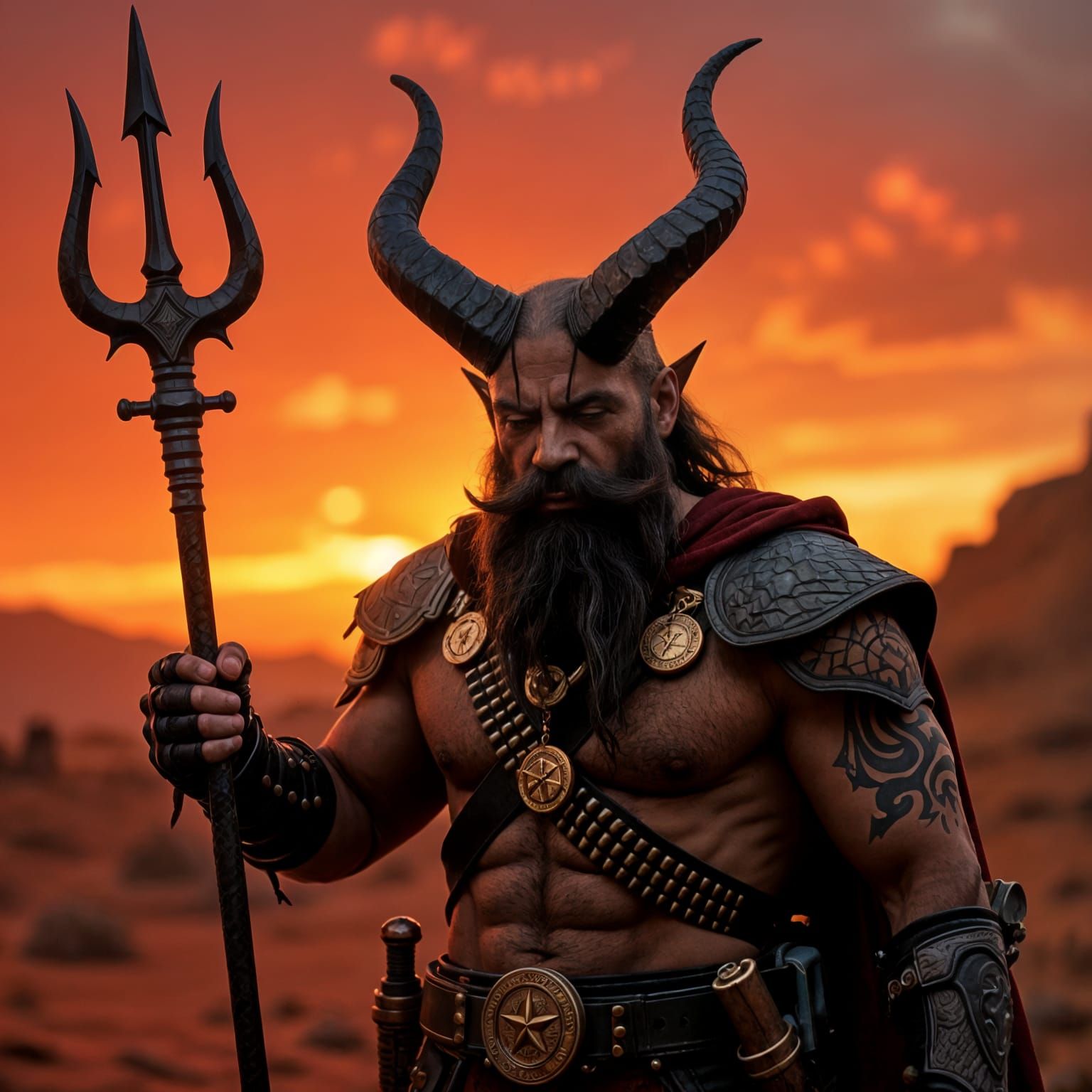 Trident with the middle fork replaced with a gun barrel.  The handle has a trigger mechanism. Held in firing position. Wielded by a Barbazu ...