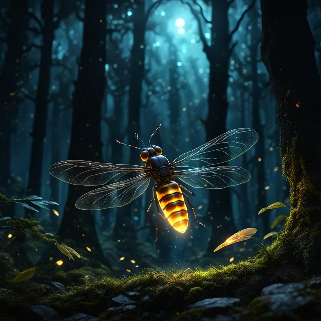 A single Firefly flying in a dark forest at midnight.