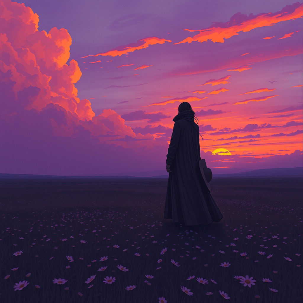 Melancholy Figure in Desolate Landscape at Sunset