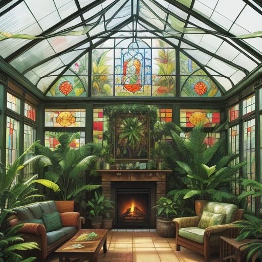 stained glass tropical home greenhouse fireplace