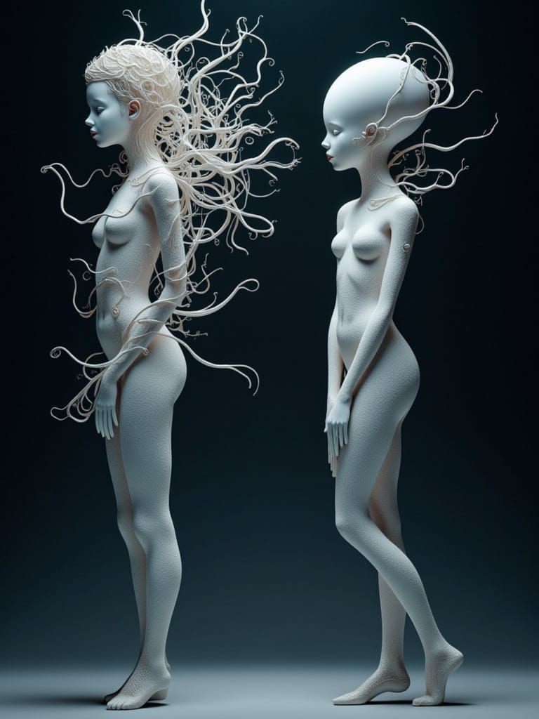 <lora:Background:1.0>Ethereal humanoid figures composed of intricate, web-like structures, reminiscent of Zdzisław Beksiński's surreal, biom...