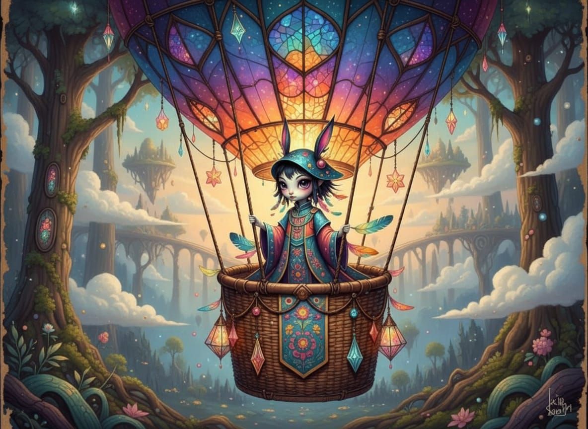 Woodland creature fae, draped in flowing, embroidered garments, standing in a vibrant hot air balloon with leather straps, paper lanterns, a...